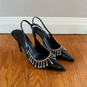 Steve Madden Women’s Thrill Black Patent Slingback Heels with Crystal Details